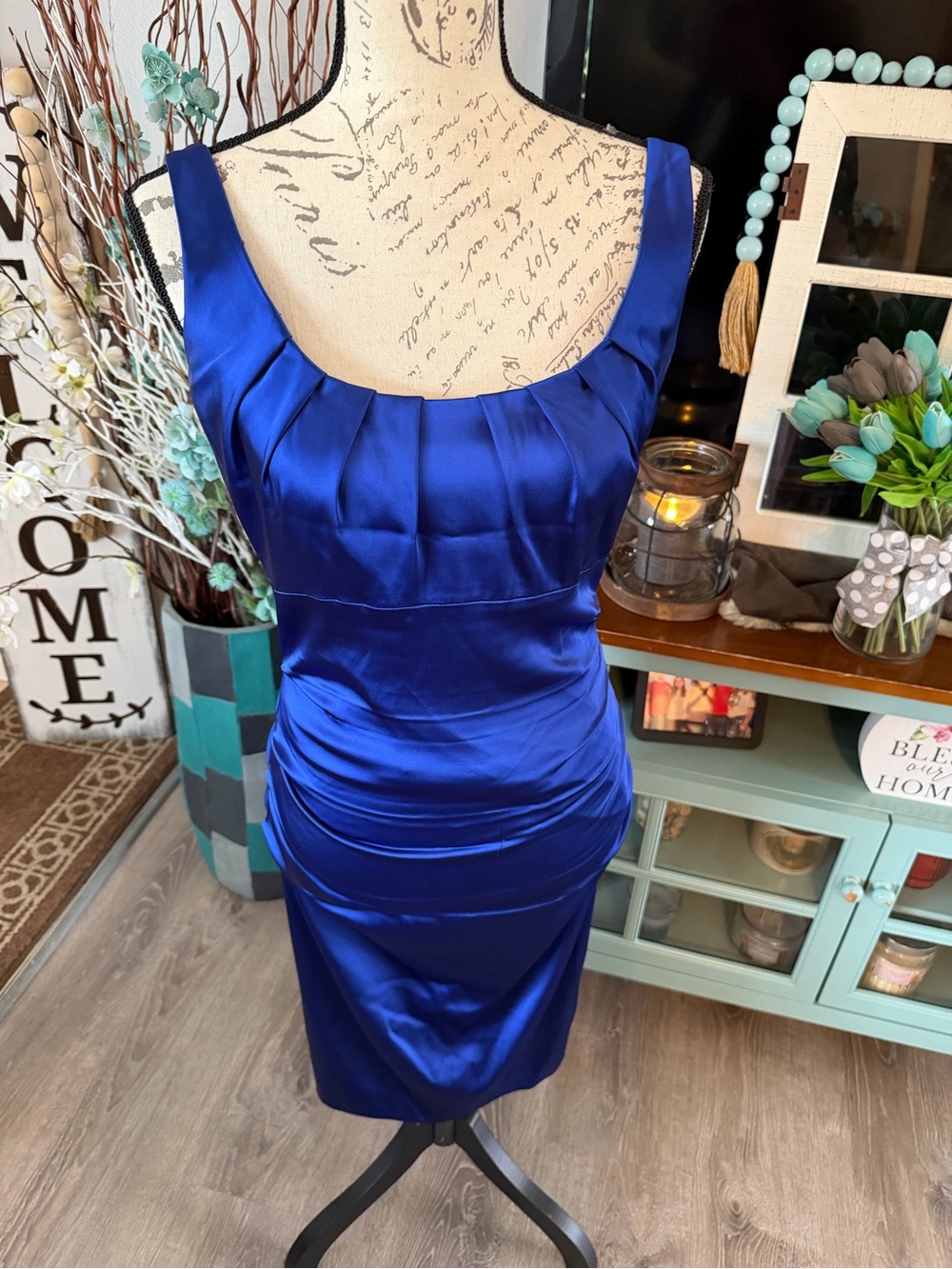 Suzi Chin for Maggy Boutique Royal Blue Satin Pleated Midi Dress Size 10